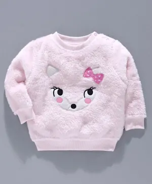 Babyoye Brushed Fleece Full Sleeves Sweatshirt Animal Embroidery - Light Pink