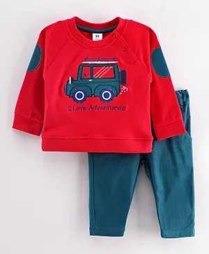 ToffyHouse Full Sleeves Tee and Pants Vehicle Embroidered - Red Green