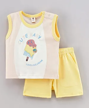 ToffyHouse Sleeveless Tee & Shorts Ice Cream Embroidery - Pink Yellow
