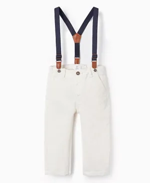 Zippy Solid Cotton Twill Trousers & Suspenders Set - White