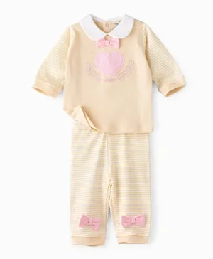 Tiny Hug Cotton Heart Patch & Embroidered T-Shirt With Striped Pyjama Set - Multi Color