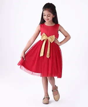 Babyhug Sleeveless Solid Color Frock Bow Applique - Red