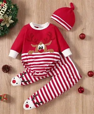 Babyqlo Rudolph's Reindeer Patch Bodysuit & Striped Pants Set With Cap - Red