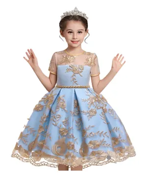 Babyqlo Embroidered Net Cap Sleeves Party Dress - Blue