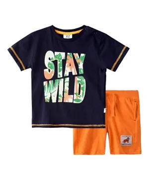 Victor and Jane Stay Wild Graphic T-Shirt & Tiger Patch Shorts Set - Navy & Orange