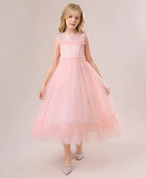 Babyqlo Long Mesh Dress with Pearl Embellishments - Pink