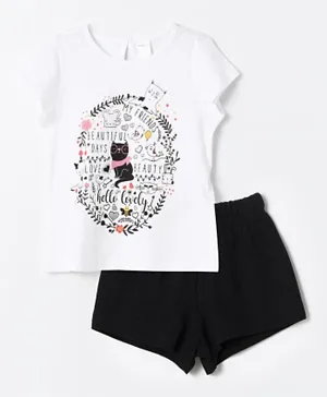 LC Waikiki Cat Print T-Shirt and Shorts - White & Black