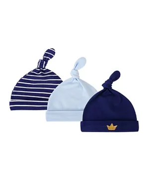 Hudson Childrenswear 3 Pack Cotton Striped Solid & Crown Embroidered Knot Caps - Blue
