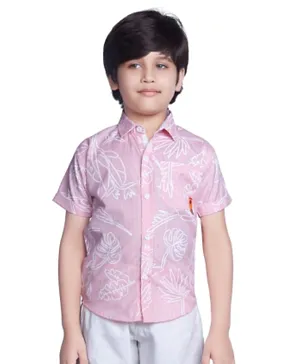 Little Kangaroos 100% Cotton Leaves All Over Printed & Logo Patch Short Sleeves Shirt - Pink