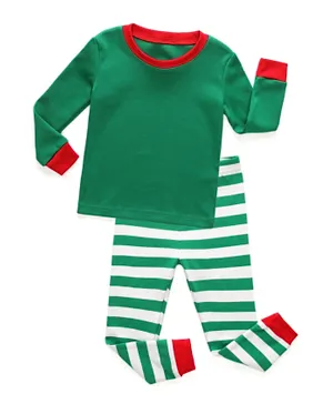 Babyqlo Solid T-shirt with Stripe Pajama Set - Green