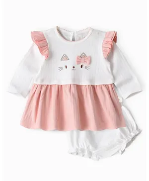 Tiny Hug Kitty Embroidered & Applique Dress with Bloomer - Multicolor