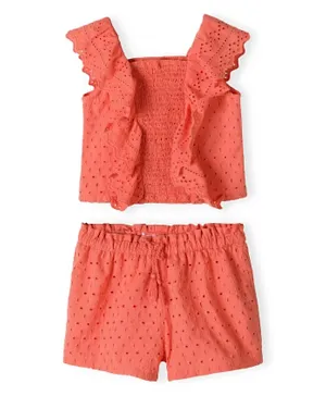 Minoti Square Neck Frill Sleeve Top & Shorts/Co-ord Set - Coral