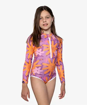 Beach & Bandits Lanai Sunset Collab Full Sleeves V Cut Swimsuit S - Purple/ Orange