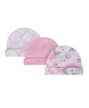 Hudson Childrenswear 3 Pack Cotton Roses Printed & Solid Caps - Pink & White