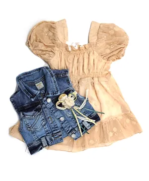 Donino Baby Floral Design Dress with Jeans Jacket - Light Brown
