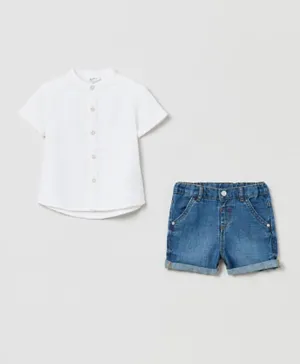 OVS Mandarin Collar Short Sleeve Shirt & Denim Shorts Set - Blue & White