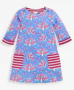JoJo Maman Bebe Peacock Print A-Line Dress  - Blue