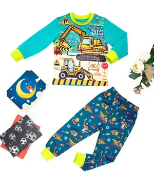 Babyqlo Cotton Stretch Construction Site Glow-in-the-Dark Full Sleeves Graphic T-Shirt & All Over Printed Pyjama Set - Multicolor