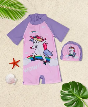 Babyqlo Unicorn Surfing On Rainbow Printed Swimsuit With Cap - Multicolor