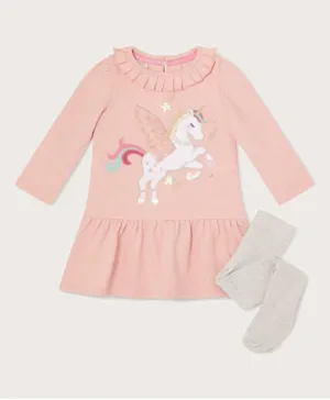 Monsoon Children Baby Unicorn Sweat Dress and Tights Set - Pink
