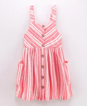 Minoti Striped And Button Fastening Dress - Coral