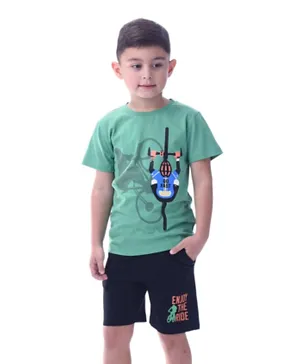 Victor and Jane Cotton Cyclist Graphic T-Shirt & Shorts Set - Green/Black