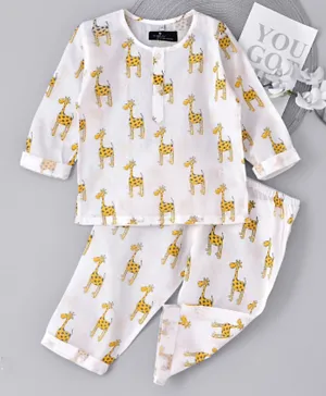 Ayra Full Sleeves Giraffe Design Night Suit - White