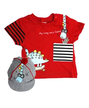 Donino Baby Dinosaur Cartoon Tee with Short Set and Hat - Red
