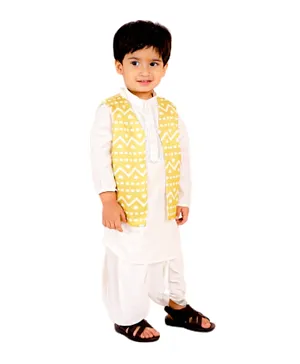 Little Bansi Full Sleeves Kurta With Jaipuri Style Jacket & Dhoti - Cream