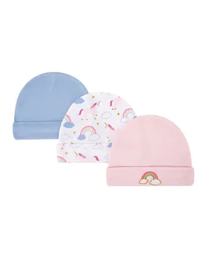 Hudson Childrenswear 3 Pack Cotton Rainbows & Unicorns Print Caps - Pink/White/Blue