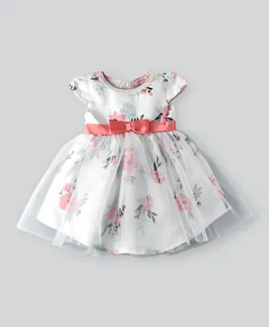 Jelliene Floral Dress With Embellished Bow - White