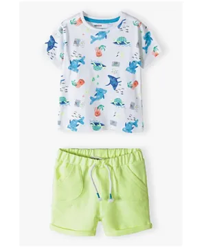 Minoti All Over Fish Print T-Shirt And Jersey Shorts Set - White & Neon Yellow