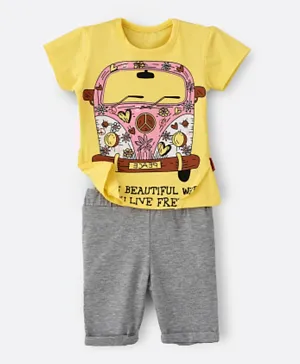 Babyqlo Beautiful Bus Printed T-Shirt & Shorts Set - Yellow