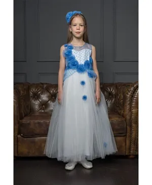 Liba Fashion Abby Beautiful Roses Appliqué Tulle Dress with Hairband - Blue