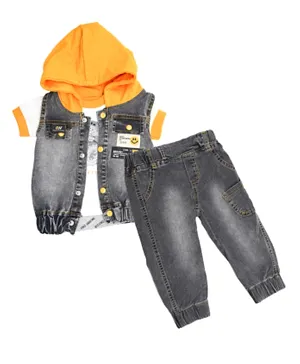 Donino Baby Jeans Jacket with Hoodie and Jeans Pant with Round Neck Tee Set - Orange