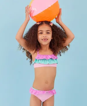 Monsoon Children Cutwork Design Two Piece Swimsuit - Pink & Green