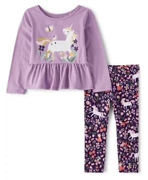 The Children's Place Unicorn Graphic Top & Printed Leggings Set - Empire Purple