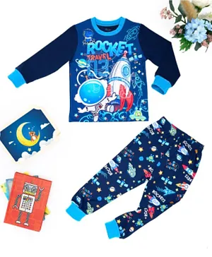 Babyqlo Cotton Blend Rocket Glow-in-the-Dark Full Sleeves Graphic T-Shirt & All Over Printed Pyjama Set - Blue