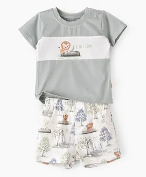 Tiny Hug Little Lion Graphic T-Shirt & Shorts Set - White/Grey