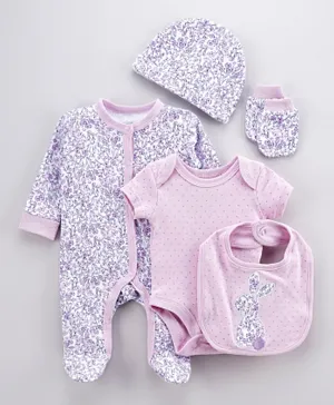 Rock a Bye Baby Bunny Floral Sleepsuit with Bodysuit & Hat Bib Mitts And Giftbag Set - Multicolor