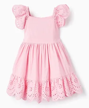 Zippy Cotton Dress with English Embroidery - Pink