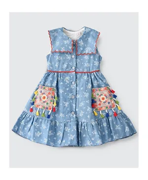 Babyqlo Floral Frill Denim Dress with Funky Pockets - Light Blue