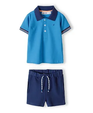 Minoti Embroidered Pique Polo Shirt And Shorts Set - Blue