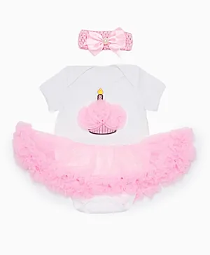 Babyqlo Cup Cake Corsage Tutu Dress & Headband Set - White & Pink