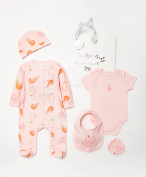 Lily and Jack Fruit Printed Bodysuit with Sleepsuit & Cap & Bib & Mittens - Pink