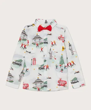 Monsoon Children Christmas Print Shirt with Bow Tie - White