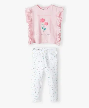 Minoti Floral Applique Frilled Top & All Over Printed Ribbed Leggings - Pink/White