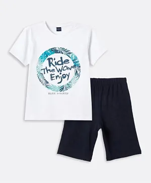 LC Waikiki Text Graphic T-shirt & Shorts Set - White & Blue