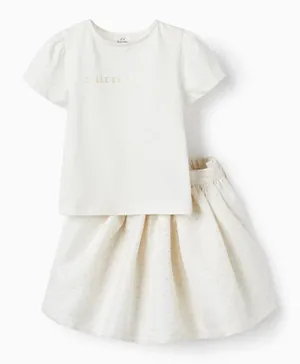 Zippy Golden Text Graphic T-Shirt & Dots Printed Skirt/Co-ord Set - White