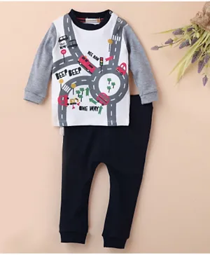 Londony Traffic Graphic Printed T-Shirt with full length bottom 2 Pieces set for Boys - Black